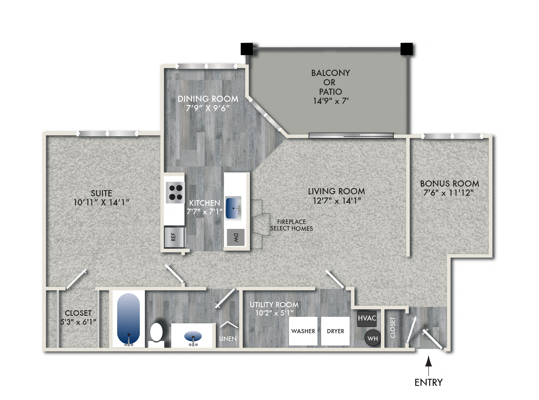Floor plan for 1 bed, 1 bath, 890 sqft